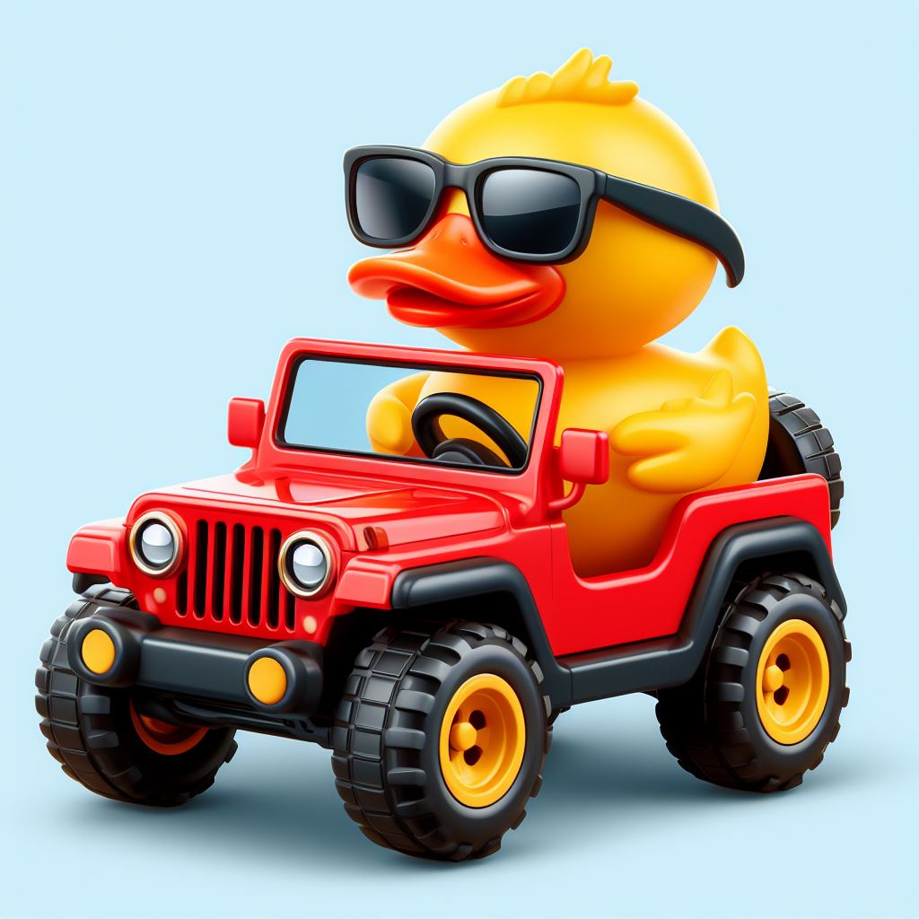 A rubber duck wearing sunglasses driving a red jeep with big tires.