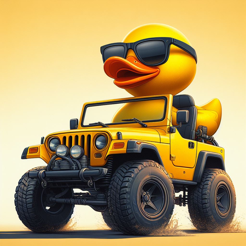 A rubber duck wearing sunglasses driving a yellow Jeep TJ with big tires, digital art.