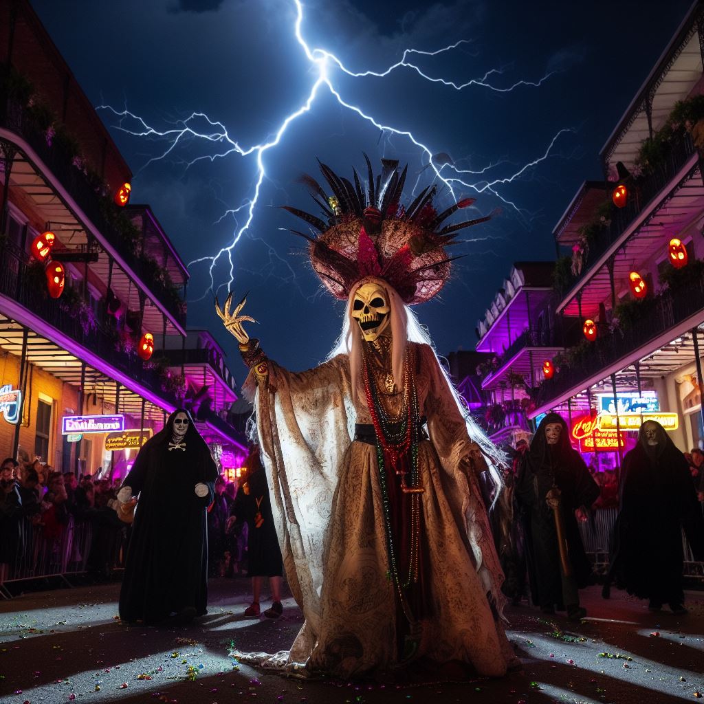 parade of characters down Bourbon Street New Orleans at night celebrating Mardi Gras Marie Laveau voodoo death ominous lightning in sky earn beads