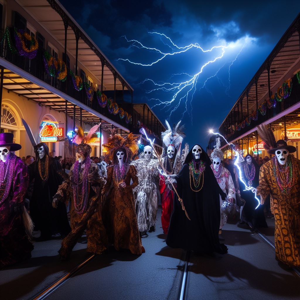 parade of characters down Bourbon Street New Orleans at night celebrating Mardi Gras Marie Laveau voodoo death ominous lightning in sky earn beads