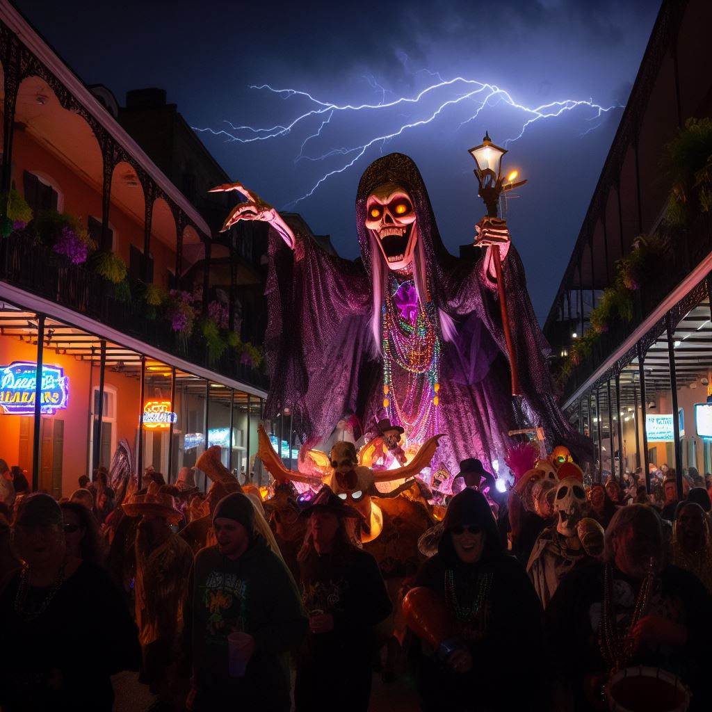 parade of characters down Bourbon Street New Orleans at night celebrating Mardi Gras Marie Laveau voodoo death ominous lightning in sky earn beads