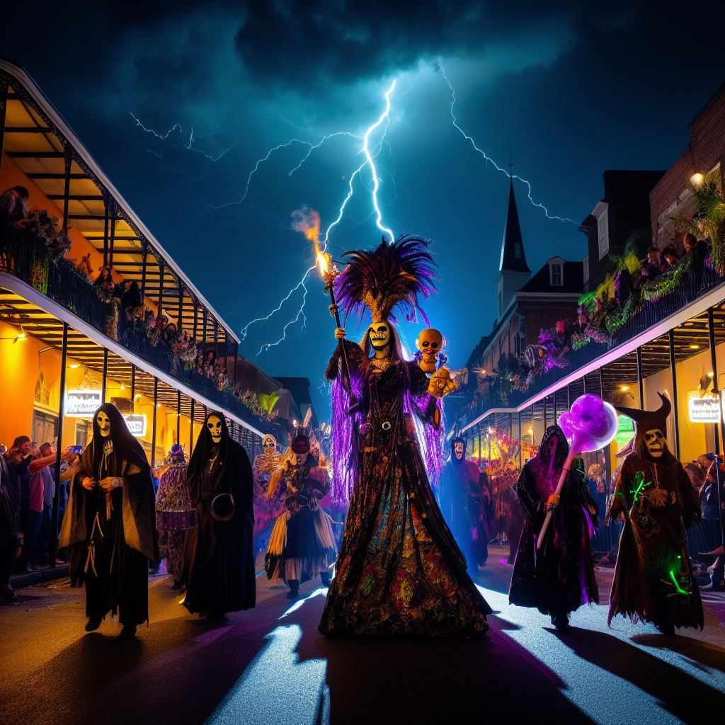 parade of characters down Bourbon Street New Orleans at night celebrating Mardi Gras Marie Laveau voodoo death ominous lightning in sky