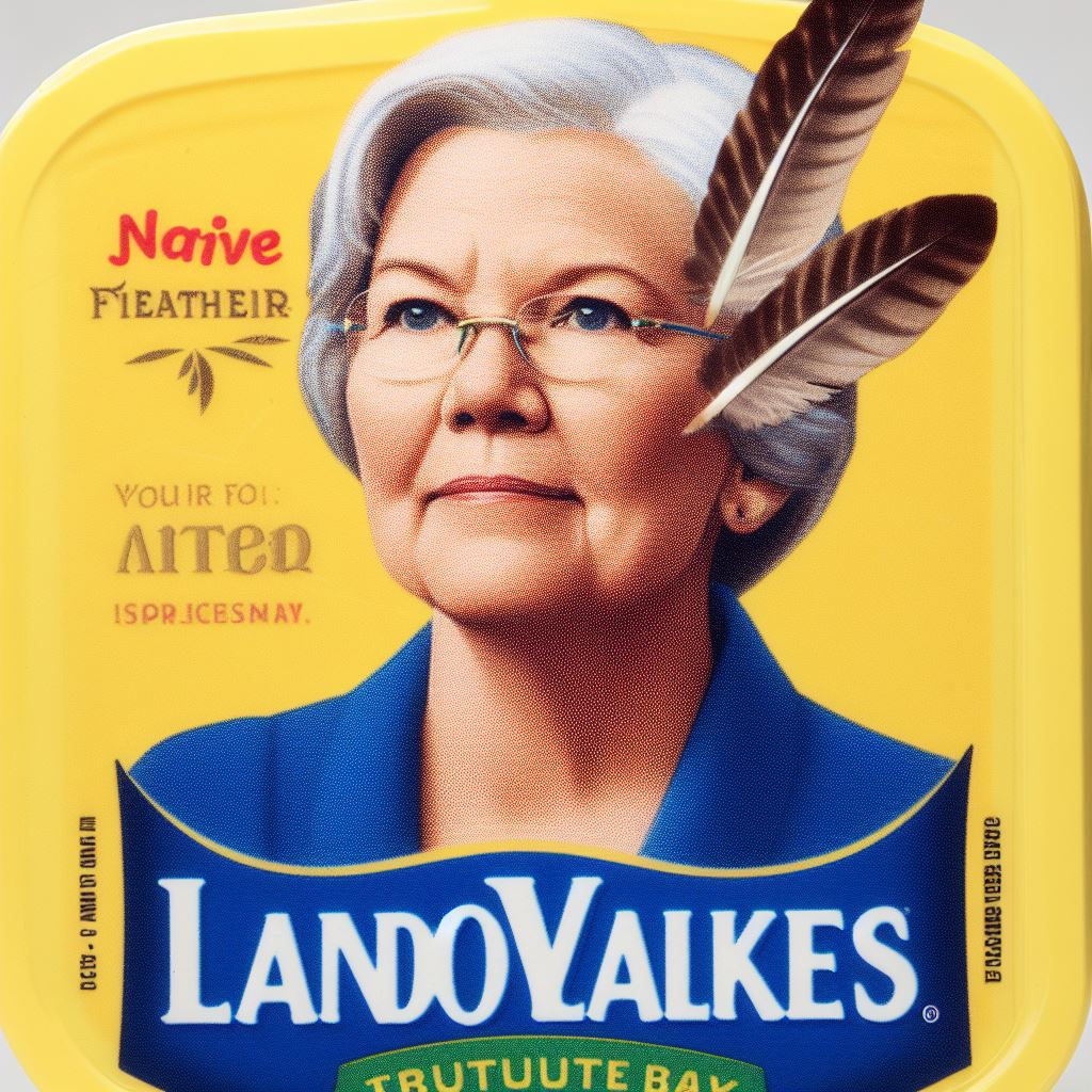Liz Warren with a native feather in her hair replaces the woman in the logo on the land o lakes butter packaging.
